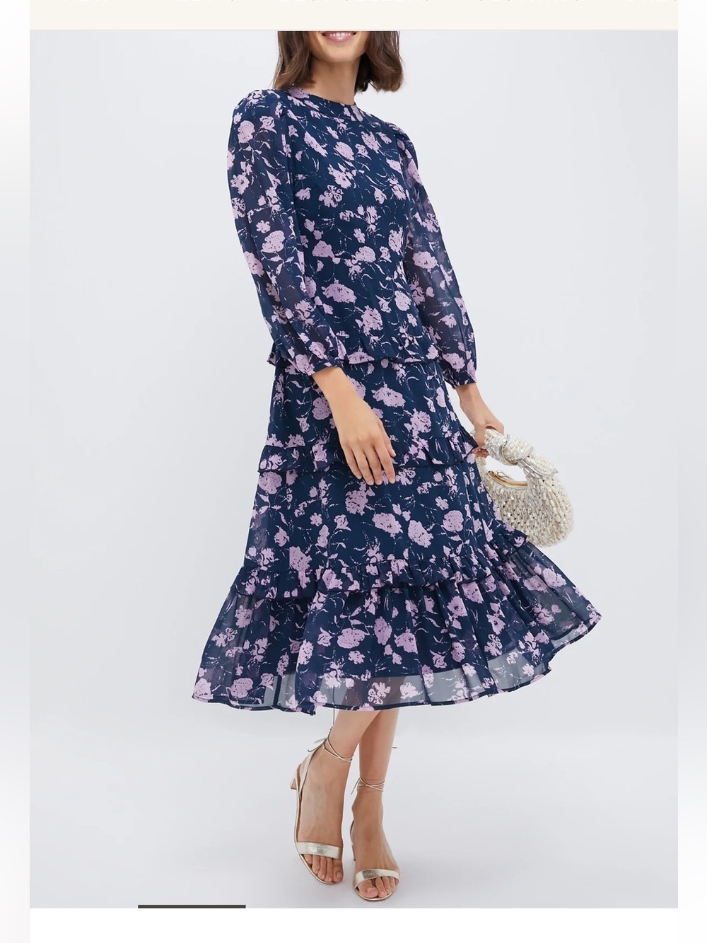 NWT HYACINTH HOUSE Navy & Blush Abstract Floral Rosalind Ruffle Midi Dress